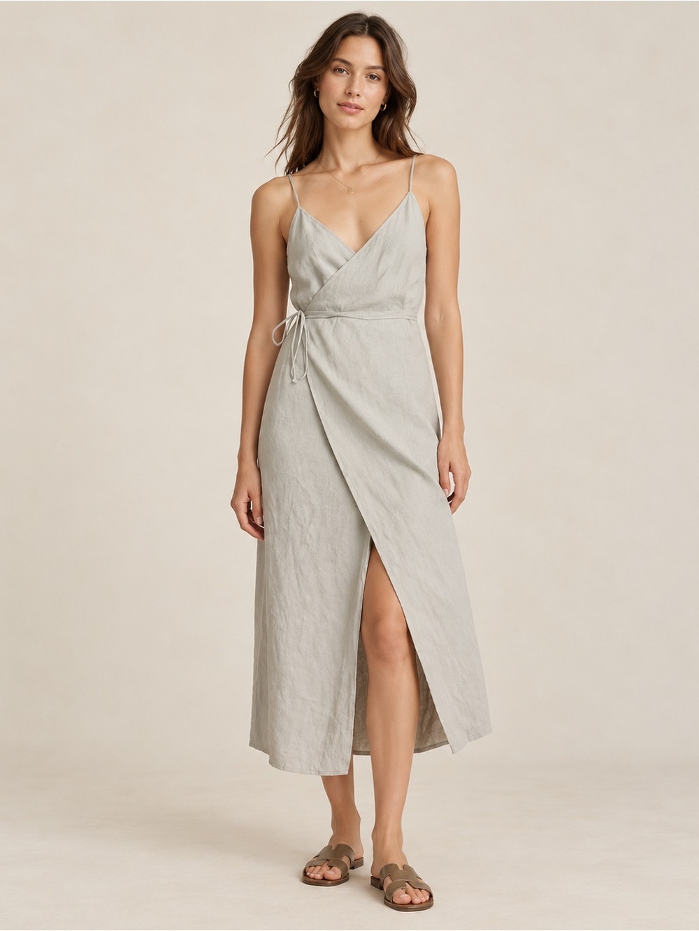 Reformation | Gray Linen Wrap Midi Dress